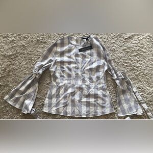 WALTER BAKER white Gray checked long bell sleeve shirt top blouse small S NWT
